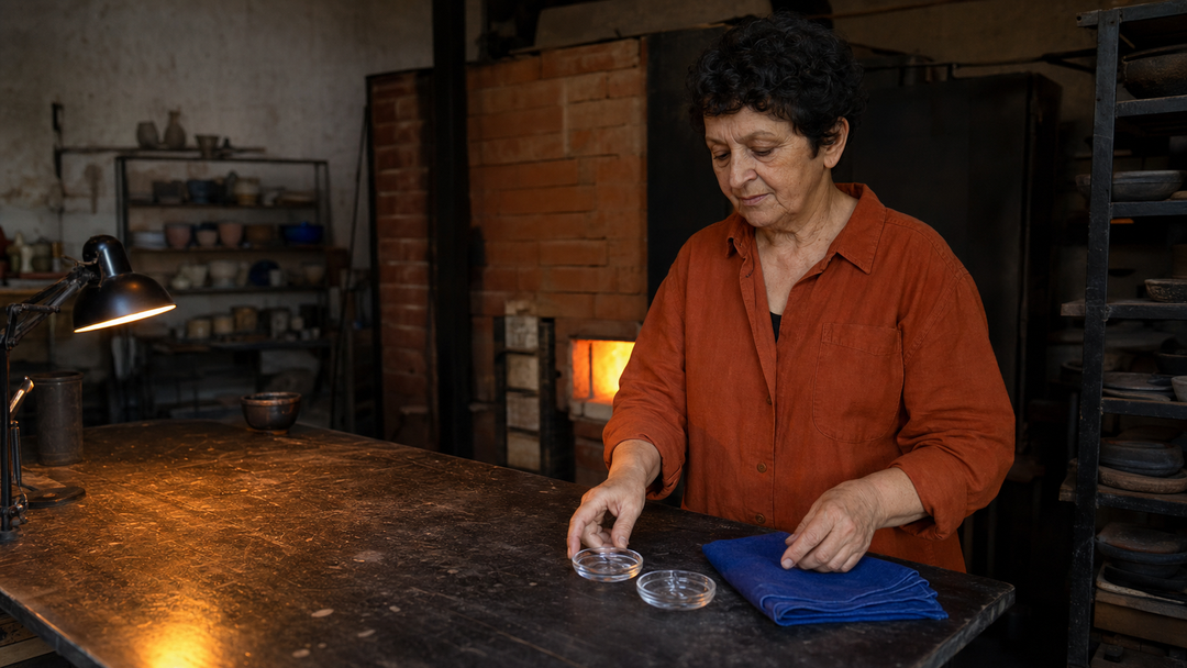 Een vrouw rangschikt twee huidverzorgingstexturen op een keramische werktafel in de avond