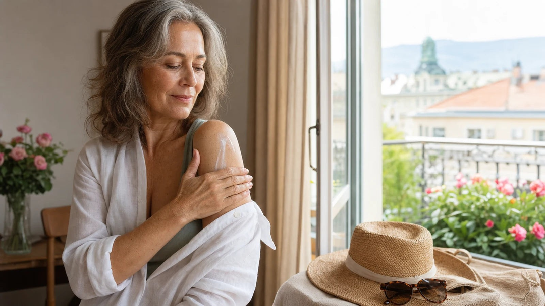 Vrouw boven de 40 brengt sunscreen aan op haar schouder bij een licht raam