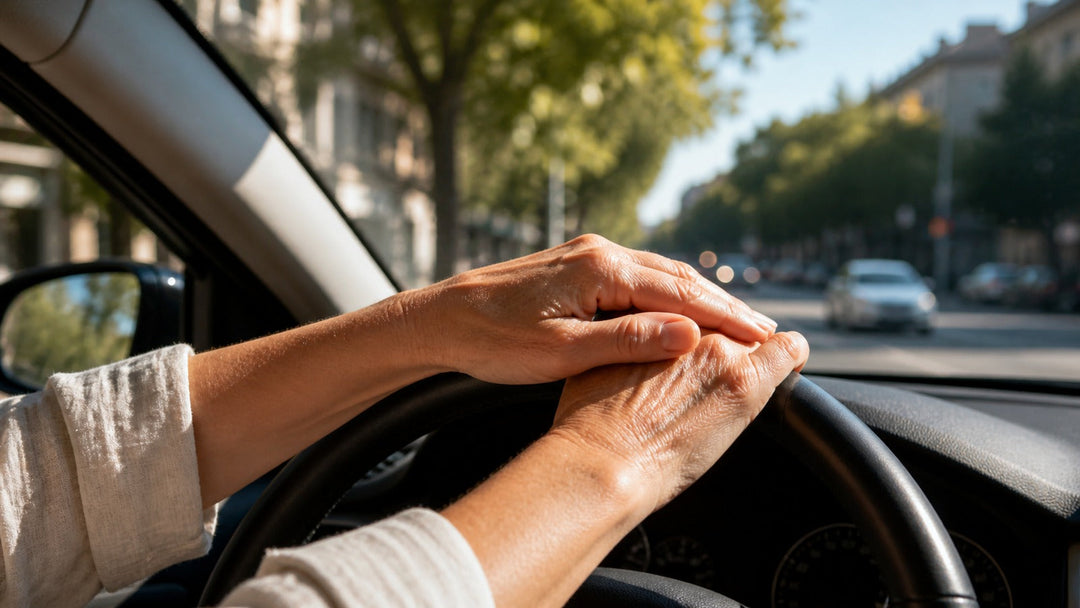 Handen en onderarmen van een vrouw op een stuur op een rustige augustusmorgen in de stad