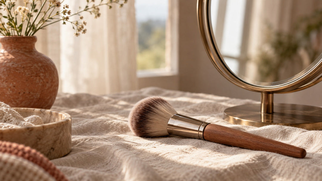 Ruhiger Schminktisch mit Make-up-Pinsel, rundem Spiegel und weichem Tageslicht