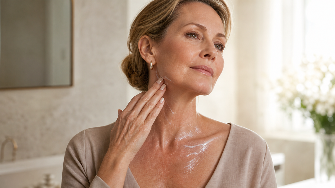Donna oltre i 40 anni che rinfresca l’SPF durante il giorno davanti a un piccolo specchio con trucco leggero