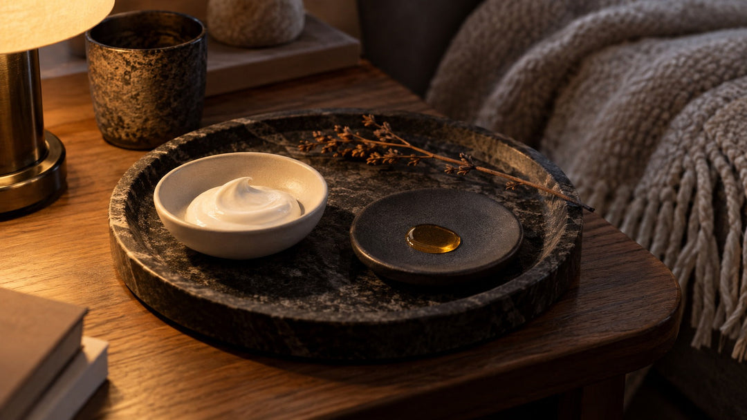 Texture crème et une goutte d’huile sèche sur pierre foncée dans une maison chaleureuse le soir