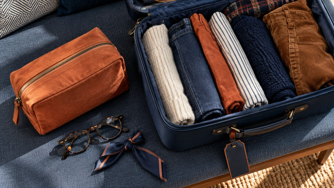 Trousse de toilette près d’une valise pour un court séjour