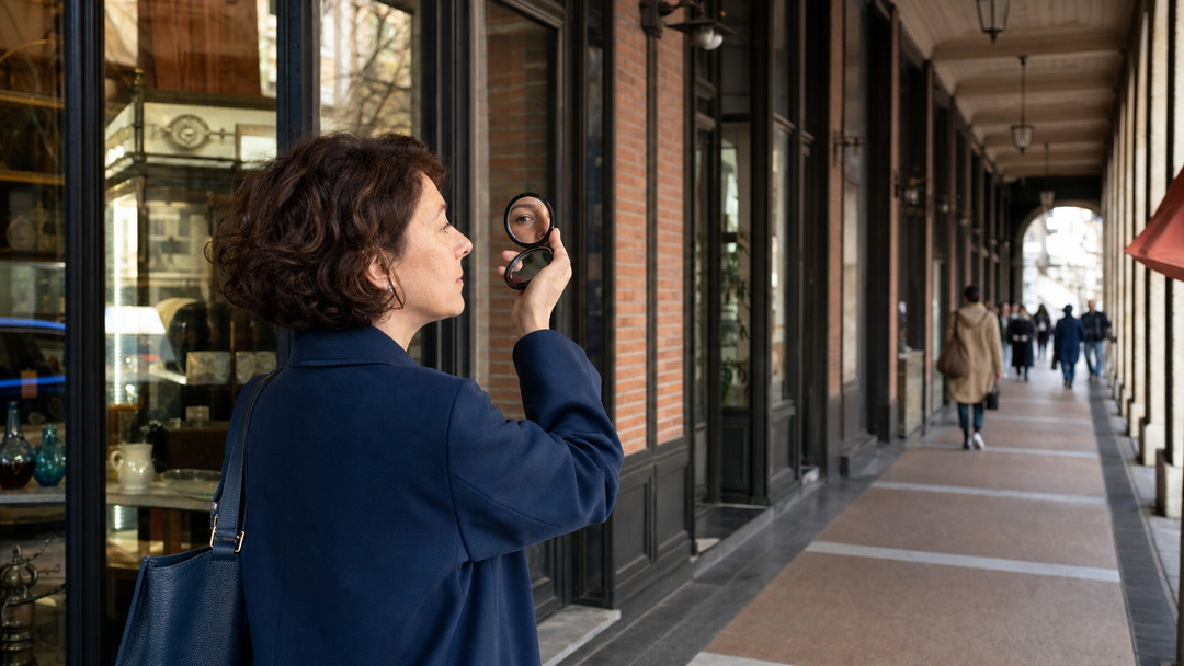 A 49-year-old woman looking at her natural profile in a reflection beneath an arcade, with no product shown