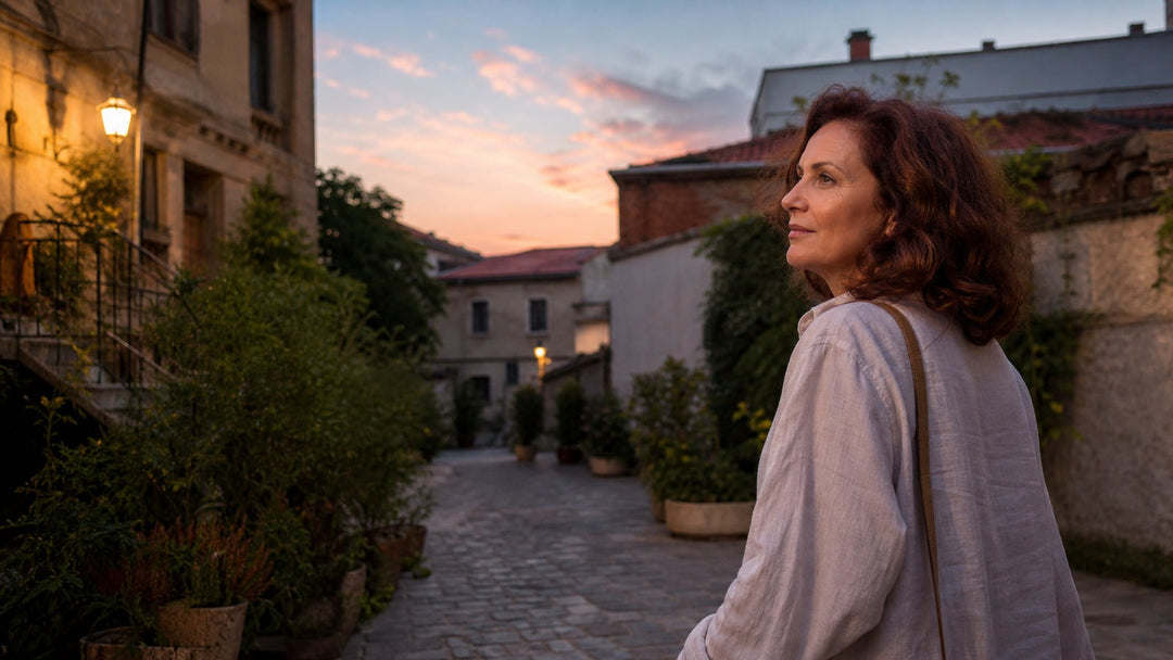 Een vrouw komt op een late zomeravond thuis via een rustige stadstuin