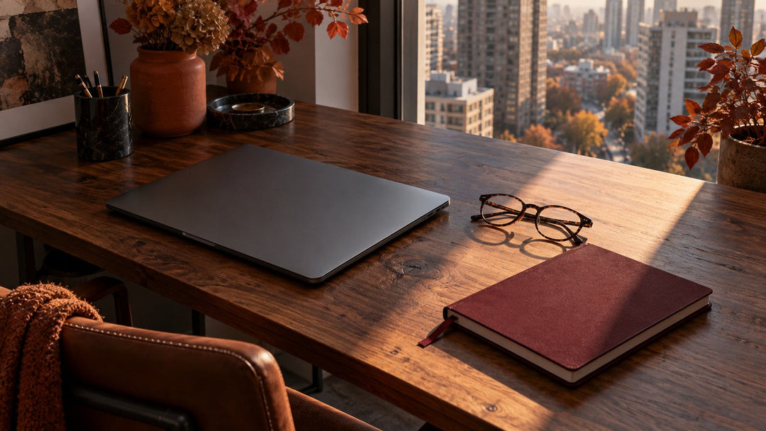 Schreibtisch mit Herbstlicht und Notizbuch