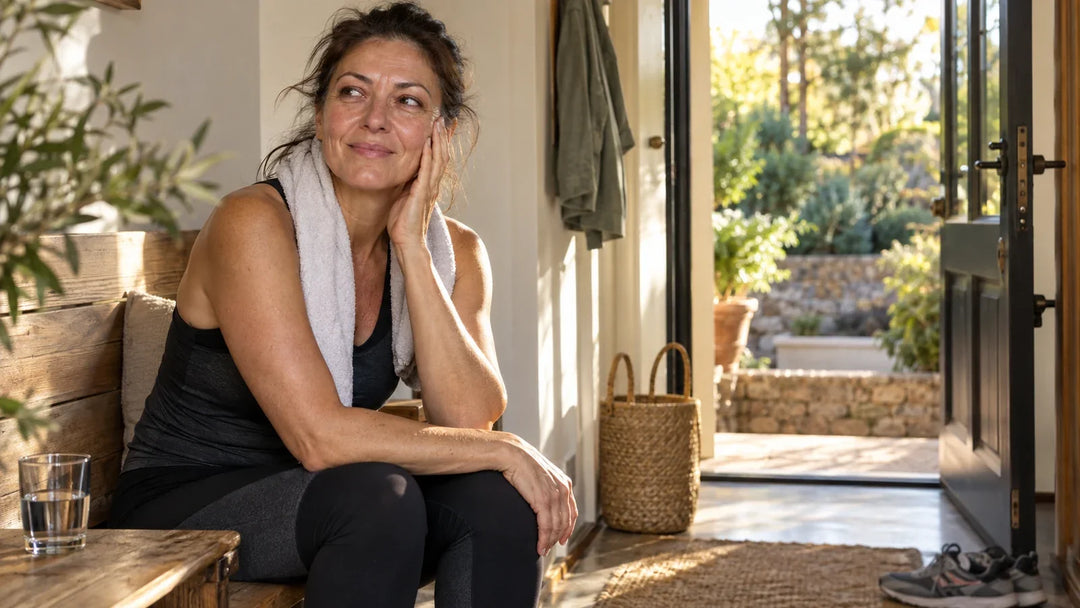 Woman taking a quiet moment to cool down at home after a workout