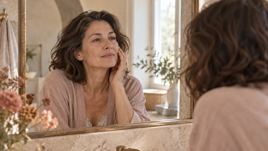 A woman after 40 looking at her face in a mirror in soft morning light