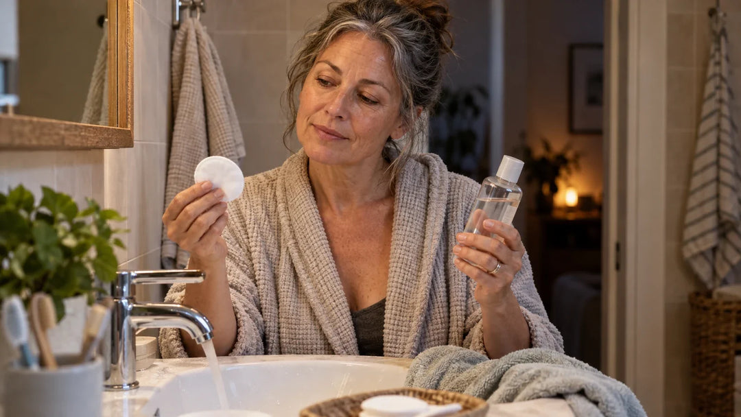 Woman over 40 choosing between a cotton pad and facial cleansing in the evening