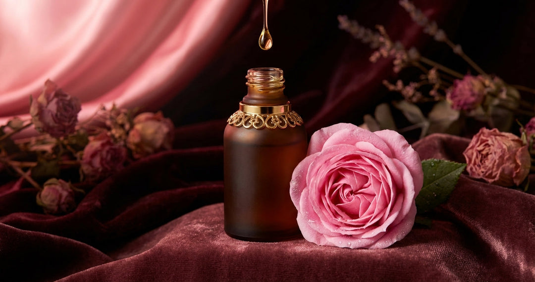 A rose, amber bottle and a drop of oil in a quiet evening still life