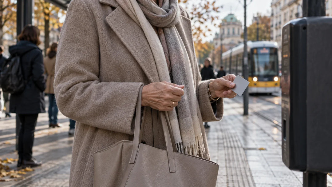 Hands with a coat and bag while moving through the city in early autumn