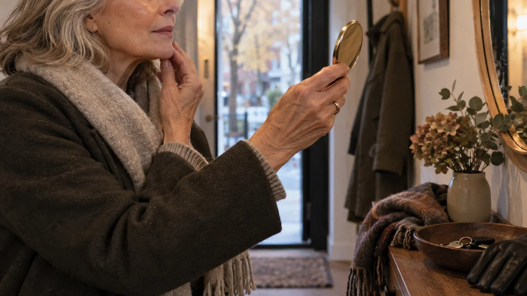 Vrouw bereidt haar gezicht op een koelere dag na een wandeling voor op make-up