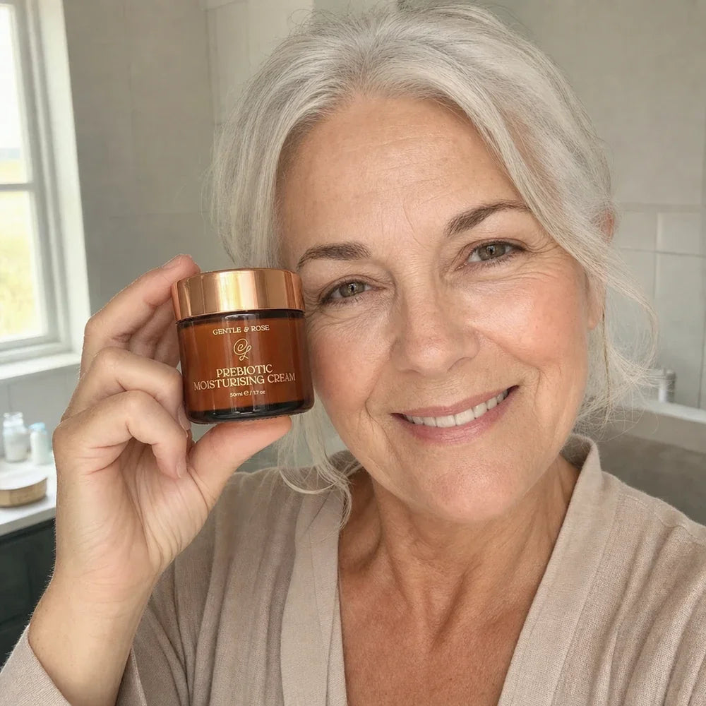 Customer holding the Prebiotic Moisturising Cream from the 4-Step Firming Ritual